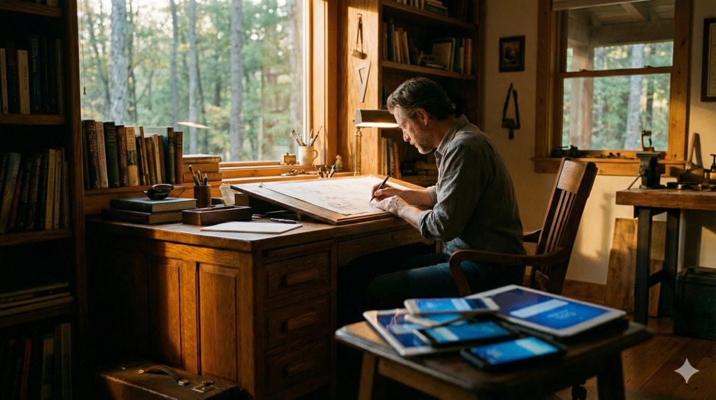 Man focusing on work in a quiet study while ignoring buzzing smartphones in the foreground.